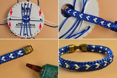 four pictures showing how to make a braided bracelet with an old style bottle opener