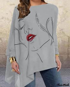 Color: gray, Size: XL Asymmetrical Gray Top For Fall, Gray Asymmetrical Top For Layering, Mode Harajuku, Harajuku Shirt, Graphic Tees Vintage, Oversized Top, Retro Prints, Looks Style, Ladies Tops Fashion