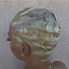 Finger Waves Aesthetic, Finger Waves Back Of Head, Waves On Black Women Short Hair, Women Waves Haircut, Platinum Fingerwaves, Waves Hair Girl, Colored Finger Waves, Waves On Black Women, Fingerwave Hairstyle