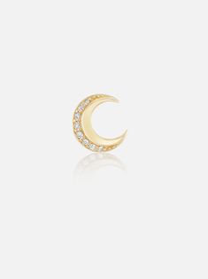 18k yellow gold moon stud earring with diamonds. Sold as a single. Sparkly beams burst forth from our moon studs, offering a shiny statement in a little package. Made to order. The current lead time is 8-10 weeks. Moon Studs, Gold Moon, Moon Earrings, Stud Earring, Lead Time, Beams, Diamonds, Yellow Gold, Stud Earrings