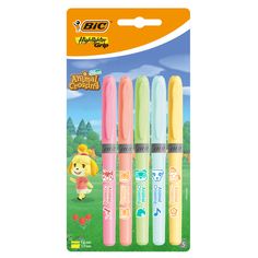 four different colored pens in the packaging for children's writing and pencils, each with