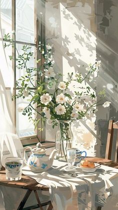 a painting of white flowers in a vase and tea cups on a table next to a window