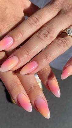 Pink and orange ombre almond shaped nails Summer nails Aura nails Middle Ombre Nails, Idee Nails Summer, Airbrush Pink Nails, Airbrush Ombre Nails, Basic Summer Nails Simple, Nails Inspiration 2024, Summer Nails 24, Simple Summer Nails 2024 Almond, Nails Inspo Summer 2024