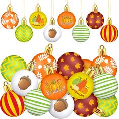 an assortment of christmas ornaments hanging from strings with the words happy holidays written on them