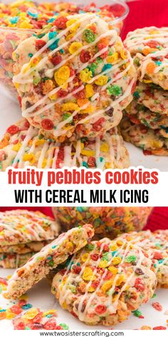 fruity pebbles cookies with cereal milk icing and sprinkles on top