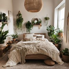 a bedroom with plants on the wall and a bed in the middle that is made up