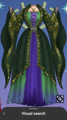 an animated image of a woman in a green and purple dress