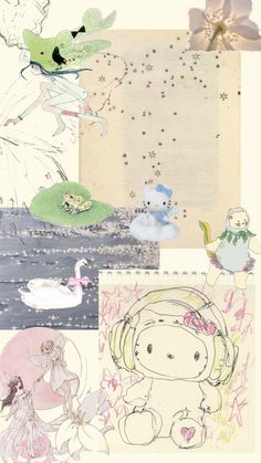 a collage of various pictures with flowers and fairy characters on them, including a teddy bear