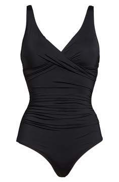 Attract attention in this shapely, full-coverage one-piece designed with a V-neck and flattering front ruching. Full back coverage V-neck Convertible, adjustable straps Lined 85% recycled nylon, 15% elastane Hand wash, dry flat Imported Fitted V-neck Swimwear With Twist Front, Solid V-neck Ruched Swimwear, Solid Color Ruched V-neck Swimwear, Twist Front V-neck Swimwear, Full Body Swimsuit, Black One Piece Bathing Suit, Cute One Piece Swimsuits, Trendy Swimsuits