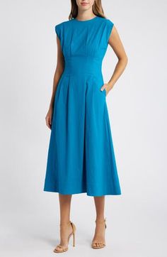 Sophisticated style is all yours in this crisp cotton midi dress that has a peck of stretch for comfort. 50" length (size Medium) Back zip closure Crewneck Cap sleeves Lined 97% cotton, 3% elastane Hand wash, line dry Imported Aqua Dress, Navy Midi Dress, Tiered Midi Dress, Cotton Midi Dress, Long Sleeve Midi, Blue Midi Dress, White Midi Dress, Long Sleeve Midi Dress, Midi Dress Sleeveless