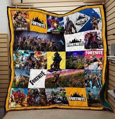 the fortnite quilt is on display in a room