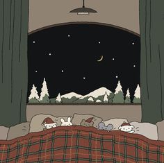 an image of a bedroom scene with cats sleeping on the bed and stars in the sky