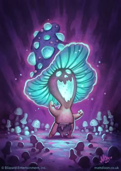 an illustration of a mushroom with its eyes closed and hands in the air, surrounded by bubbles