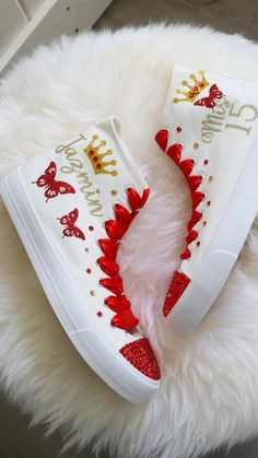 Pick your own colors and Personalized Dancers Sneakers for your Quinceañera. Remember to add your name and the date of the event on the Personalization tab. Perfect match for that dress, don’t forget to ask us for a matching Tiara - Crown. You can search in our Etsy store - GuiltychicPrint for more information about our reviews.🌟Includes🌟- Pick shoelace colors. - The toe top is covered with bright rhinestones.- On the sides of the shoe (right & left), the idea/name/date is printed in solid or glitter color.- Date of the event on the back🧡You will receive🧡- One pair of Personalized sneaker canvas off-brand- One special custom bag for the shoes🙏Working together🙏- You can pick a combination of the colors. See the letter color options below.- Please enter the date of the celebration and Customizable White Sneakers For Party, White High-top Sneakers For Birthday, Graduation Shoes, Birthday Shoes, Coachella 2024, Bridal Sneakers, Butterfly Style, Limited Edition Shoes, Couple Shoes