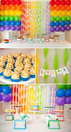 a rainbow themed birthday party with cupcakes and desserts