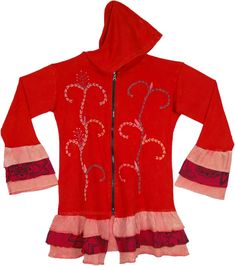 A bright and blunt red cotton hooded jacket with thick thread embroidery and flared bell sleeves and bottom.  The main and attractive feature of this hoodie is its flared sleeve and bottom ends that look adorable and feminine. #tlb #Embroidered #vacationclothing #Jacket #Fall #bohemianfashion #HippieJacket #FallJacket #Hoodie Red Cotton Hooded Jacket For Spring, Red Cotton Long Sleeve Hooded Jacket, Fitted Cotton Hooded Jacket For Spring, Red Hooded Tops For Spring, Fitted Red Cotton Hoodie, Embroidered Red Hoodie For Fall, Red Embroidered Hoodie For Fall, Red Embroidered Cotton Hoodie, Red Hooded Jacket For Spring