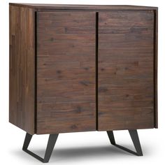 a wooden cabinet with two doors on one side and metal legs on the other end