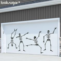 a garage door decorated with skeletons dancing in front of a garage that says lookugar