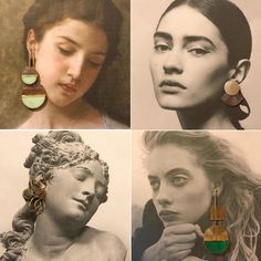 four different pictures of women with earrings on their heads and in the middle one is a woman's face