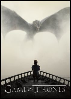 the poster for game of thrones shows a man standing on a bridge looking at a dragon