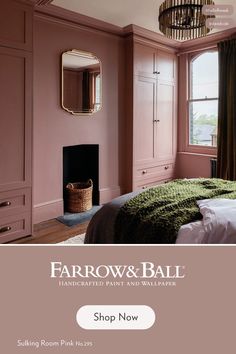 a bedroom with pink walls and furniture in the background is an advertisement for farrow & ball handcrafted paint and wallpaper