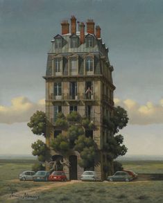 a painting of a tall building with cars parked in front of it on a field