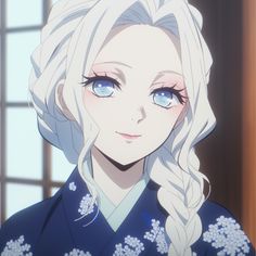 an anime character with long white hair and blue eyes looking at the camera while wearing a kimono