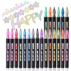 many different colored pens are lined up in front of the words happy birthday written on them