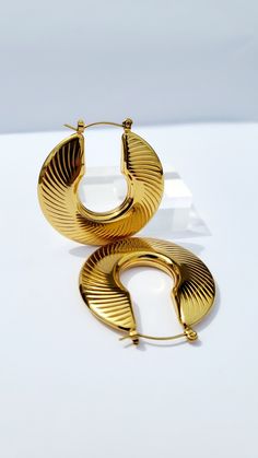 Stainless steel, 18k gold plated, waterproof, hoop earrings are light weight and geometrically different from any other hoop earrings. They make the perfect pair for a night out or a gift for her on any occasion. Jewellery Photo, Jewelry Wishlist, Going For Gold, Heart Dangle Earrings, Metal Texture, Jewelry Earrings Hoops, Jewelry Bags, High Quality Jewelry, Jewelry Trends