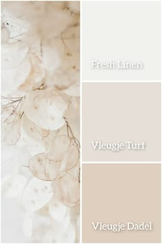 some white flowers and the words fresh linen, vegegie tur, vieugie dadel