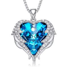 Blue Heart And Wing Necklace Swarovski Heart Necklace, Swarovski Pendant, Swarovski Heart, Crystal Heart Necklace, Swarovski Crystal Hearts, Angel Wing Necklace, Crystal Heart Pendant, Crystal Angels, Wing Necklace