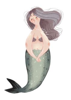 a drawing of a woman with long hair and a mermaid tail, sitting on top of a