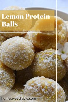 lemon protein balls in a bowl with text overlay