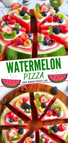 the watermelon pizza is cut into slices and ready to be eaten