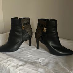 Barely Worn Black And Brown Combination In Great Condition. Brown Leather Boots With 4-inch Heel, Brown Closed Toe Evening Boots, Brown Ankle Boot Heels For Evening, Designer Brown Heels For Fall, Brown Boots With Reinforced Heel For Evening, Michael Kors Boots, Ankle Rain Boots, Lime Green Shorts, Nike Tennis Dress