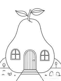 an apple house with a door and window on the outside is outlined in black and white