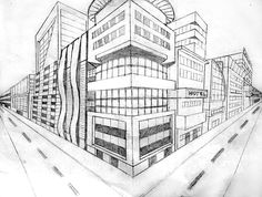 a drawing of a building on the side of a road with buildings in the background