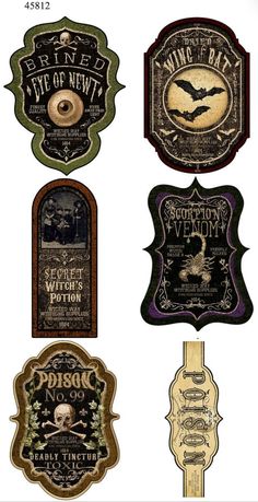 six different labels for various types of halloween items on white background, each with an image of a bat and pumpkin