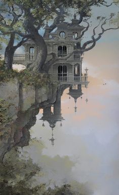 an artistic painting of a tree house and its reflection in the water