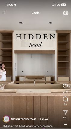 an image of a woman standing in the middle of a room with shelves and chairs