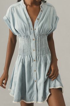 Cotton Button front Machine wash Imported | Shirred-Waist Buttondown Mini Dress by Pilcro in Blue, Women's, Size: 2XS, Cotton at Anthropologie 50 Fashion, Petite Size, Summer Girls, Green Dress, Day Dresses, Pink Dress, Shift Dress, Blue Dresses, How To Look Better