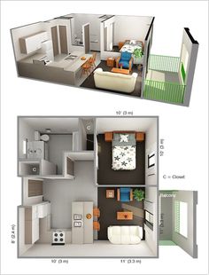 two views of a small apartment with one living room and the other bedroom in it