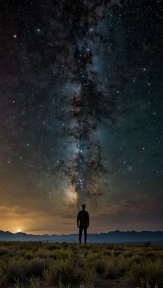 a man standing on top of a grass covered field under a night sky filled with stars