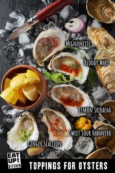 an image of oysters on ice with toppings for oysters and sauces