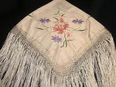 "A gorgeous true vintage, Victorian double sided asymmetrically embroidered piano shawl with long hand knotted fringe.  Measurements: 37 2/4\" (95 cm) by 39 2/4\" (100 cm) without border and frays, plus 2\" (5cm) border and additional 13 3/4\" (35 cm) frays.  Condition: the shawl has a few spots, but they are hardly noticeable; otherwise, the scarf is in good vintage condition for it's age with no holes, runs or odor.  The tag: there is no sign of tag; I believe it is made of silk. Return Policy: No returns or exchanges. However, if you have any questions or would like more photos please let me know." Piano Shawl, Knotted Fringe, Owl Wall Art, Vintage Shawls, Floral Silk Scarf, Pretty Scarves, Long Fringe, Owl Wall, Fringe Scarf