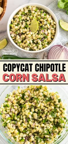 corn salsa in a bowl with limes and cilantro garnish on the side