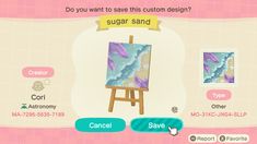 an animal crossing game screen with the words sugar sand in front of it and some pictures on