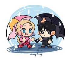 two cartoon characters holding umbrellas in the rain