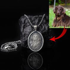 a dog is shown next to a rock with a chain on it and an image of a