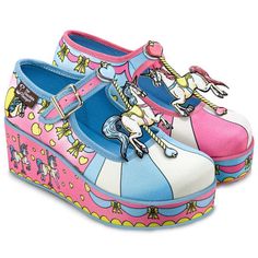 Chocolaticas Pink Blue Unicorn Carousel Design Women's Mary Jane Flatform Where Are My Rockabillies? If You Love Irregular Choice, You Will Love Hot Chocolate! Step Into 2.25 Inches Of Comfy Uniqueness! Our Chocolaticas Low Heeled Platform Wedges Are A Confidence Pumper For Those Seeking To Impress And Enhance Their Outfit With Our Vintage Look Designs And Vibrant Colors. Their Cushioned Inner Sole Makes Them The Perfect Pair Of Go To Shoes For Any Occasion. These Mid Heels Are The Perfect Way T Hot Chocolate Design, Dr Shoes, Chocolate Design, Ballerina Shoes Flats, Womens Mary Janes, Irregular Choice, Platform Mary Janes, Retro Shoes, Ballerina Flats